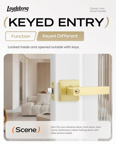3 Pack Gold Entry Door Levers With Different Keys, Built Tough Heavy Duty Door Lock Set For Home, Bedroom, Bathroom, And Front Exterior Doors, Modern Contemporary Style, Easy Install, Zinc Alloy Construction