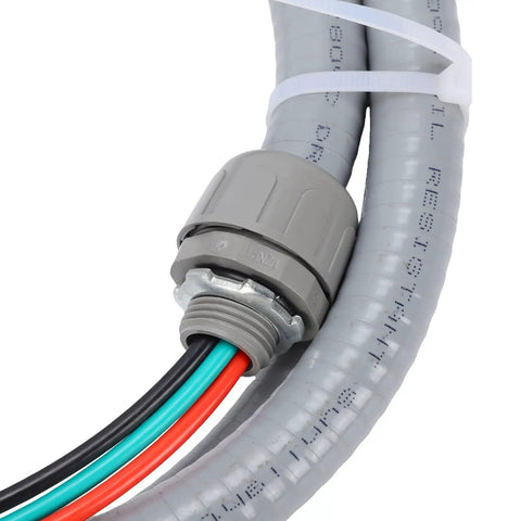 Heavy Duty Half Inch Liquid Tight Flexible Conduit Whips With 6 Foot 10 AWG 3 Wire Copper Cables For Outdoor Air Conditioning Units connector close-up