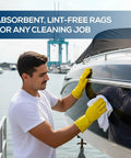 Person cleaning boat with Lint Free White Tshirt Rags 100 Percent Cotton Highly Absorbent Die Cut Jersey Wiping Towels
