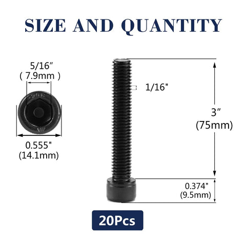 Tough As Nails Heavy Duty 3/8-16 X 3 Inch Socket Head Cap Screws Bolts 20 Pack 304 Stainless Steel with black oxide finish