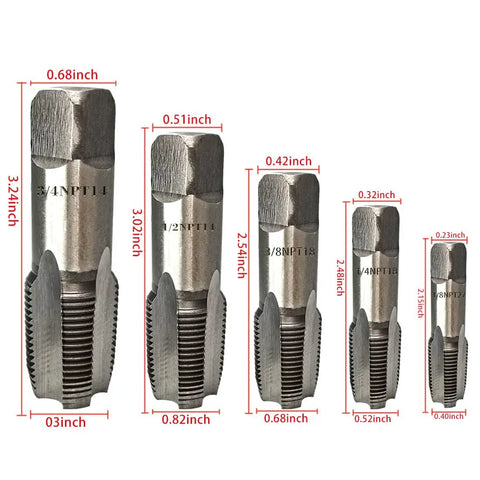 Go To Pipe Thread Forming Taps Set on white background, showing 5-piece NPT kit in various sizes