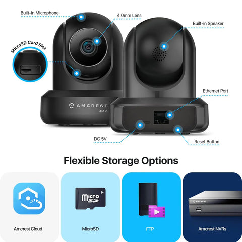 4MP ProHD Indoor WiFi Security IP Camera With Pan Tilt And Two Way Audio Night Vision Remote Viewing 90 Degree Wide Field Of View H265 30FPS Works With Alexa Cloud IP4M 1041B Black with built-in microphone, speaker, and storage options