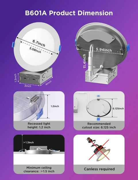 B601A Product Dimension with 6.7 inch round LED downlight, showing specific measurements for recessed lighting setup.