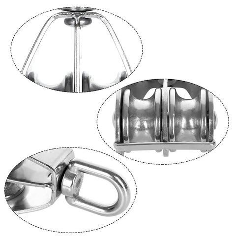 Close-up of M50 Double Pulley Block Set, Stainless Steel 304 Heavy Duty Swivel Pulley System for lifting and cable loading