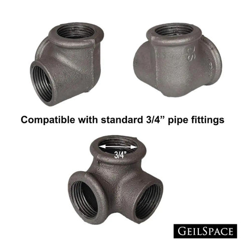 3 Way Malleable Iron Pipe Fittings For 3/4 Inch Pipes Vintage Industrial Shelving Decor For Your Diy Furniture Projects