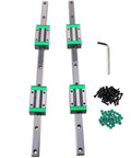 Two Piece HGR20 2200mm Linear Guide Rail Kit with HGH20CA Bearing Blocks, chrome steel rails and components, shown with screws and tool