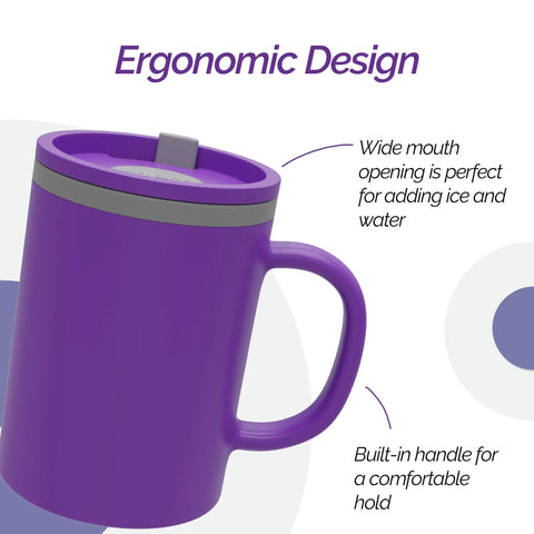 Close-up of 16 Oz Double Wall Insulated Desk Mug With Lid And Handle displaying ergonomic design and wide mouth opening.