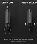 Subminimal Flick WDT espresso distribution tool; black plastic with retractable needles, shown front and side views