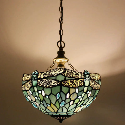 Sea Blue Stained Glass Dragonfly Tiffany Pendant Light Plug In 12 Inch Hanging Lamp, close-up of stained glass pattern, UL Listed S147 Series.