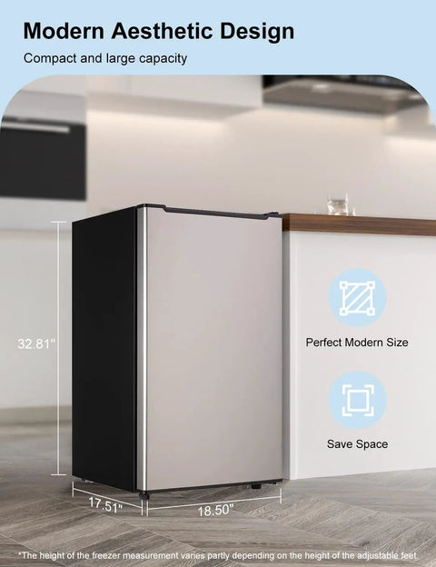 Slick 3.2 Cu Ft Upright Mini Freezer In Silver With No Fuss Design And Rapid Cool Down For Apartments Rv Trailers And Home Bars, compact design with modern aesthetic.