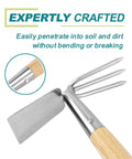 Close-up of All In One Double Sided Garden Rake And Cultivator Tool with wood handle showing hoe and cultivator ends.
