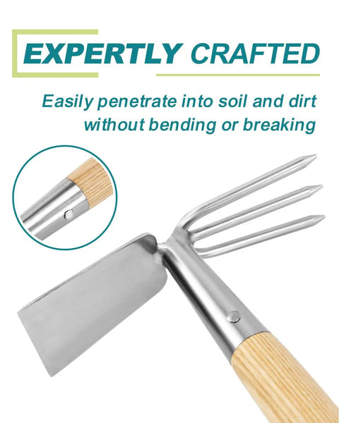 Close-up of All In One Double Sided Garden Rake And Cultivator Tool with wood handle showing hoe and cultivator ends.