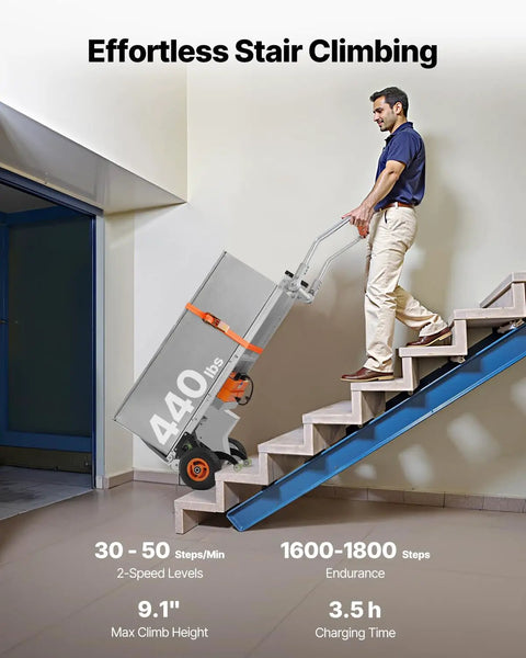 Man using VEVOR Electric Stair Climbing Dolly 440 Lb Capacity Heavy Duty Hand Truck on stairs, showcasing its effort-free design.