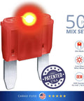Smart Mini Blade Led Automotive Fuses 50 Piece Assortment Mix Kit Featuring Glowing Indicators close-up image of a glowing red LED fuse.