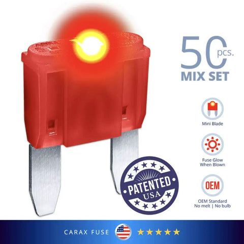 Smart Mini Blade Led Automotive Fuses 50 Piece Assortment Mix Kit Featuring Glowing Indicators close-up image of a glowing red LED fuse.