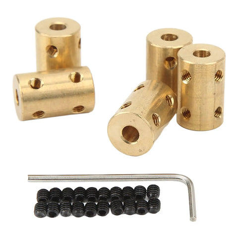 Premium Five Piece RC Brass Shaft Coupling Kit For 5Mm To 5Mm Universal Motor Connectors showing brass couplers and grub screws.
