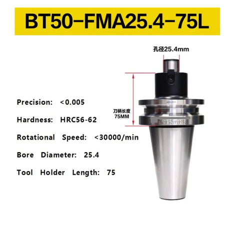 BT50 CNC Milling Tool Holder Crafted From Premium Stainless Steel with 25.4mm bore diameter and 75mm length for precision jobs.
