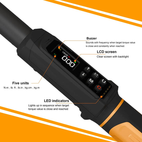Close-up of Digital Torque Wrench Three Eighths Inch Drive With Wide Range 1.5 To 99.5 Foot Pounds 6.8 To 135 Newton Meters, showing LED readout.