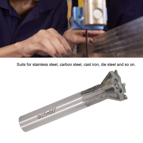 Dovetail milling cutter, 25 mm diameter, 60° angle, 6-flute carbide end mill with straight shank