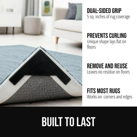 Extra Wide Dual Sided Rug Gripper Pads for Hardwood Floors showing gripper under a rug corner, preventing curling, in a living room.