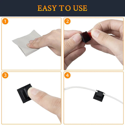 Steps showing use of 50 Pack Peel And Stick Self Adhesive Cable Clips And Wire Organizers For TV PC Laptop Ethernet Cables on surfaces