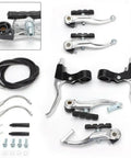 Complete V Type Bike Brake Set For Mountain Biking Front And Rear Calipers Levers And Cables Included Inner And Outer Cables Ready To Roll Replacement Kit With Mounting Hardware Silver, pictured laid out with components visible.
