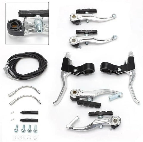 Complete V Type Bike Brake Set For Mountain Biking Front And Rear Calipers Levers And Cables Included Inner And Outer Cables Ready To Roll Replacement Kit With Mounting Hardware Silver, pictured laid out with components visible.