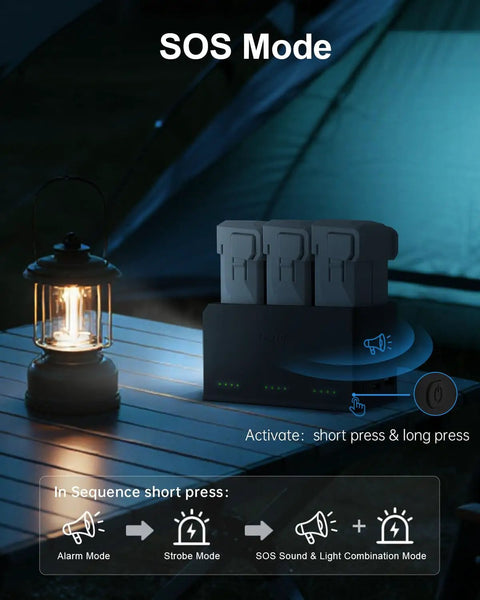 Three Bay 100W Fast Charging Hub for Mini 5/4/3 Series with Storage LED SOS on a table near a lantern in SOS mode