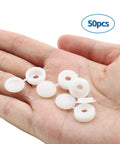 Hand holding 50 Pack White Plastic Hinged Screw Cover Caps For 4mm Hole Screws, 13mm Outer Diameter, snap-on covers.