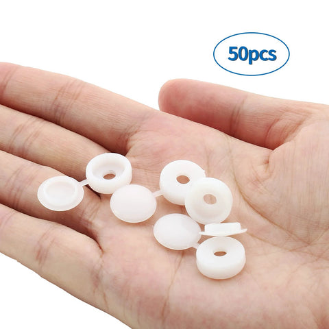 Hand holding 50 Pack White Plastic Hinged Screw Cover Caps For 4mm Hole Screws, 13mm Outer Diameter, snap-on covers.