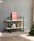 Industrial 2 Tier Book Cabinet With Solid Pine Wood And Metal Frame Open Storage Display Shelf Organizer For Living Room And Home Office Brown Finish Unit with Christmas decor.