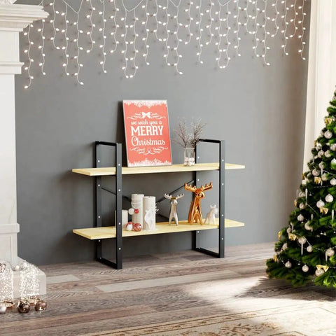 Two-Tier Pine Wood Book Cabinet for Home Office Storage adorned with Christmas decor, rugged industrial style, solid shelves.
