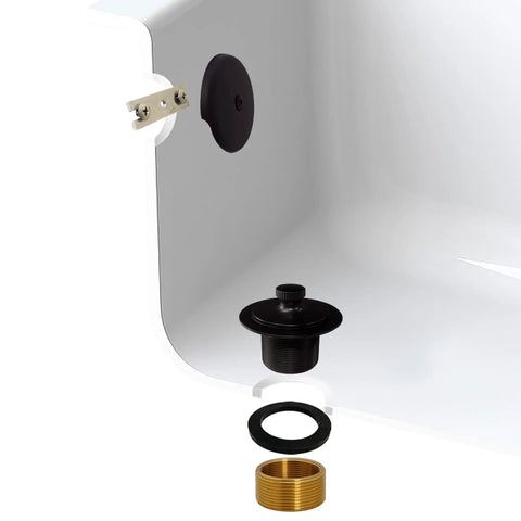 Rock Solid Twist Close Bathtub Drain Trim With One Hole Overflow Faceplate And Universal Connector In Quality Oil Rubbed Bronze Finish Built Tough Fifty Pack components showing installation with a tub.