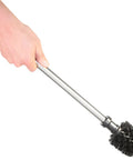 Heavy Duty Freestanding Toilet Brush And Plunger Combo, Matte Stainless Steel Floor Stand, close-up of brush holder in hand.