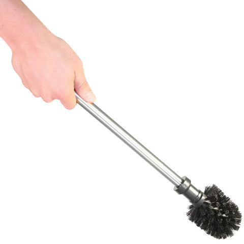 Heavy Duty Freestanding Toilet Brush And Plunger Combo, Matte Stainless Steel Floor Stand, close-up of brush holder in hand.