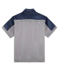 Back view of Mens Short Sleeve Mechanic Work Shirt With Reflective Safety Stripes And Zipper Front in navy gray.