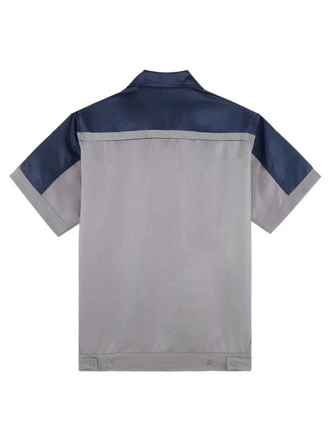 Back view of Mens Short Sleeve Mechanic Work Shirt With Reflective Safety Stripes And Zipper Front in navy gray.
