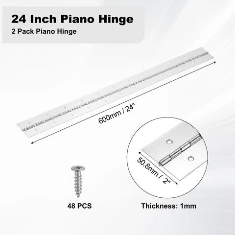 Heavy Duty Piano Hinge 24 X 2 Inch 304 Stainless Steel Continuous Hinge 2 Pack with screw details and dimensions.