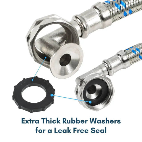 Close-up of 12 Foot Steam Dryer Hose Install Kit with Octagon Connections showing extra thick rubber washers for leak-free seal.