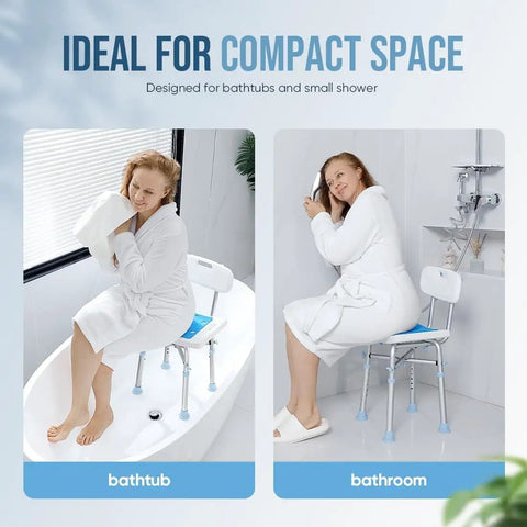Heavy Duty Shower Chair With Back Support, 500 Lb Capacity, in bathtub and bathroom; compact for seniors and disabled.