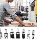 Top Shelf Carbon Steel Wood Plug Cutter Set featuring straight and tapered bits on a workbench for woodworking projects.