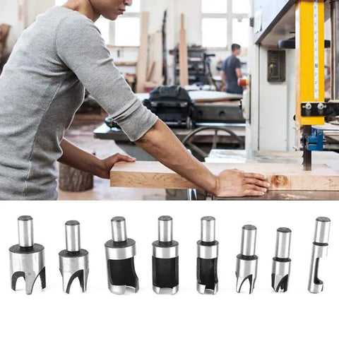 Top Shelf Carbon Steel Wood Plug Cutter Set featuring straight and tapered bits on a workbench for woodworking projects.