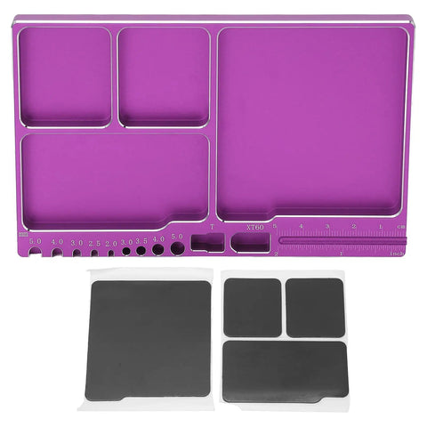 Purple magnetic aluminum screw tray for RC repairs and maintenance holds screws nuts and washers, with additional magnetic pads.