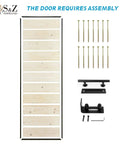 Rock Solid 28 By 84 Inch Sea Blue Natural Spruce Barn Door With Top Tier Five Foot Stainless Steel Sliding Track Hardware Kit showing unassembled parts.