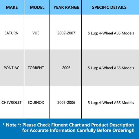 Fitment chart for front wheel bearing and hub assembly for 2005-2006 Chevy Equinox, 2006 Pontiac Torrent, 2002-2007 Saturn Vue