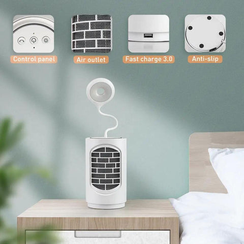 Compact Ceramic Space Heater 600W With LED Light And 4 In 1 Function Desk Heater in bedroom with controls and air outlet details