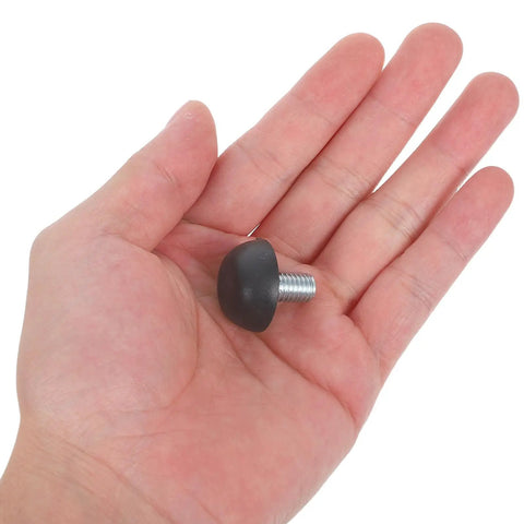 Hand holding a single Heavy Duty M8 Adjustable Furniture Leveling Foot with Screw-In Leg, plastic and metal construction