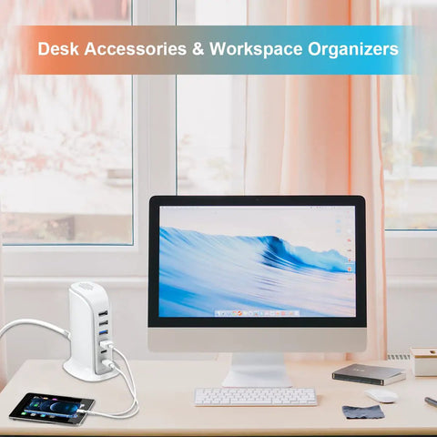 45W Fast Charging USB Station With Dual Type C Ports And Multiport USB Hub Organizer next to desktop monitor on desk