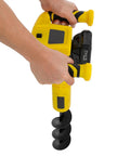 Hands holding Cordless Post Hole Digger For Urban Greening And Farm Planting Battery Powered Hole Digging Machine with yellow body