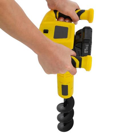 Hands holding Cordless Post Hole Digger For Urban Greening And Farm Planting Battery Powered Hole Digging Machine with yellow body